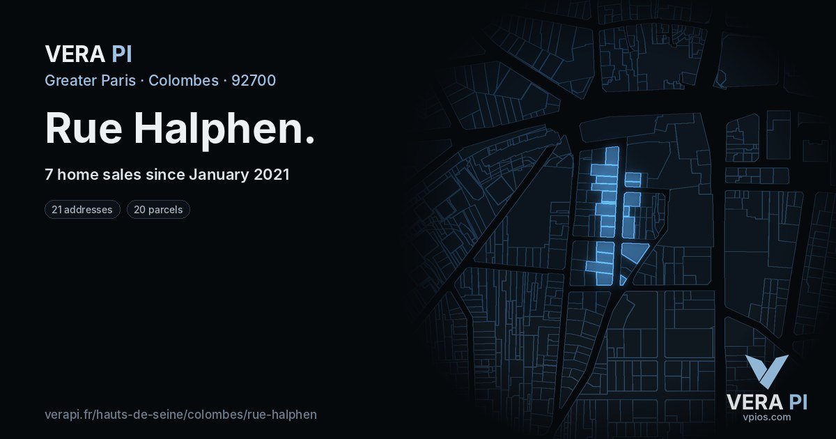 Rue Halphen, Colombes at night – every parcel coloured by the prices around it, the street's own parcels lit
