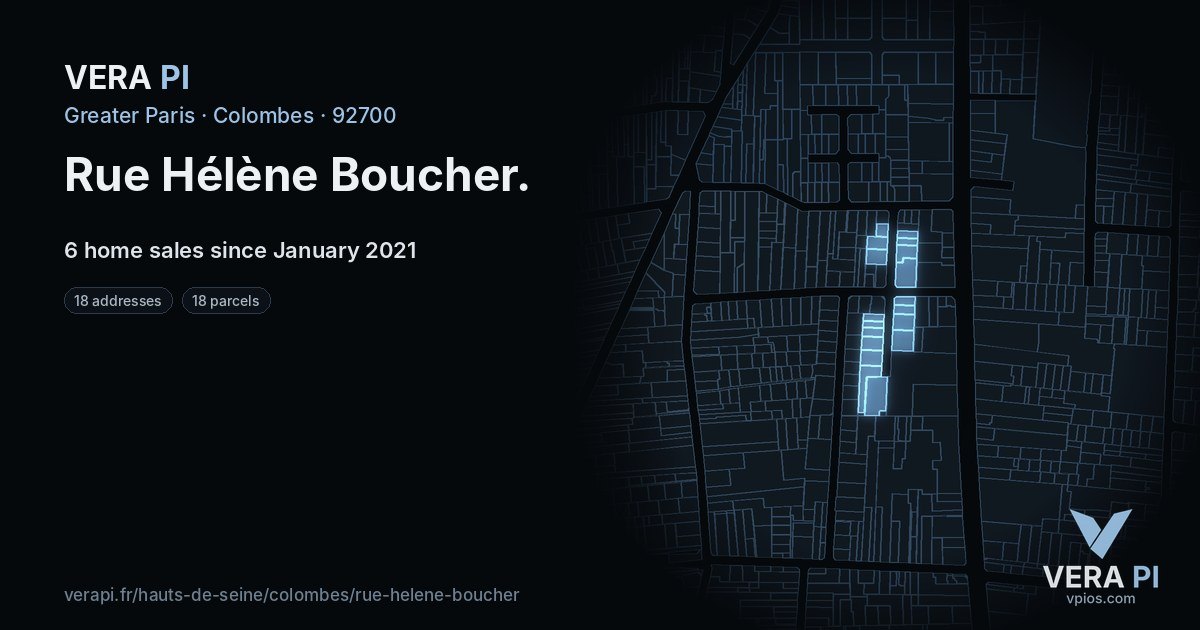 Rue Hélène Boucher, Colombes at night – every parcel coloured by the prices around it, the street's own parcels lit