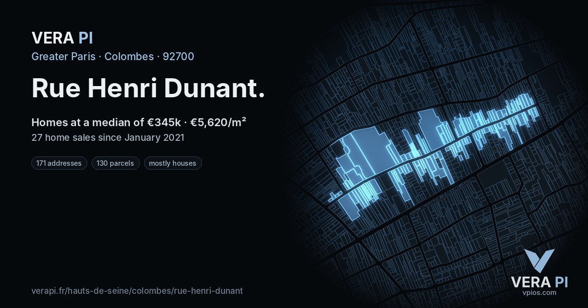Rue Henri Dunant, Colombes at night – every parcel coloured by the prices around it, the street's own parcels lit