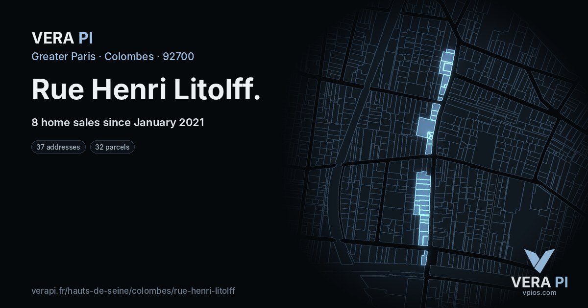 Rue Henri Litolff, Colombes at night – every parcel coloured by the prices around it, the street's own parcels lit