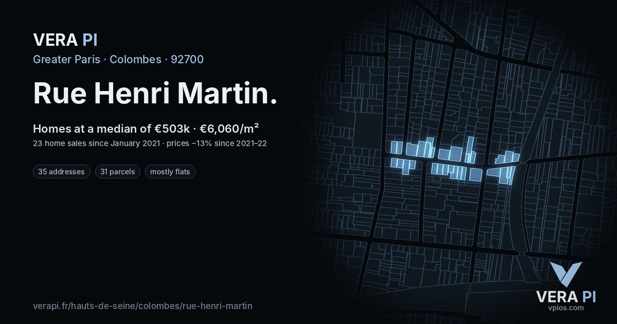 Rue Henri Martin, Colombes at night – every parcel coloured by the prices around it, the street's own parcels lit