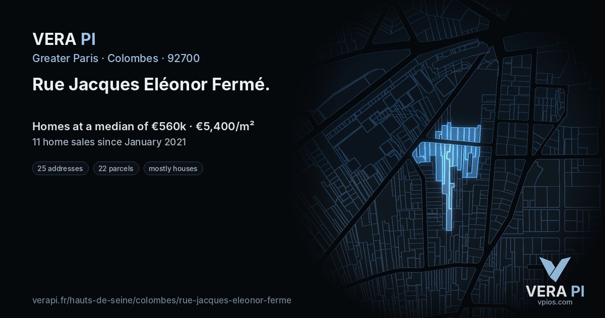 Rue Jacques Eléonor Fermé, Colombes at night – every parcel coloured by the prices around it, the street's own parcels lit