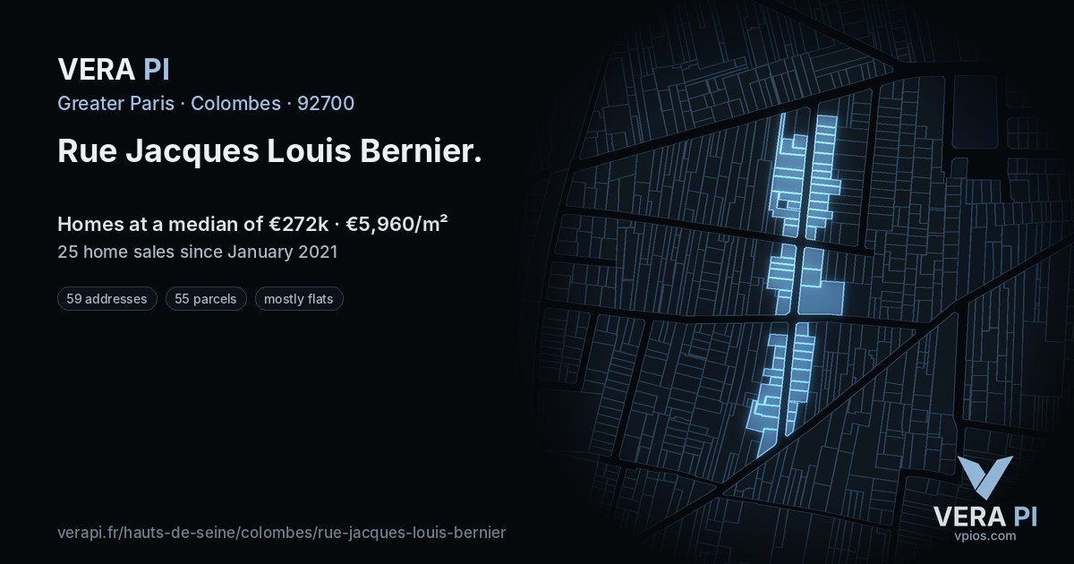 Rue Jacques Louis Bernier, Colombes at night – every parcel coloured by the prices around it, the street's own parcels lit
