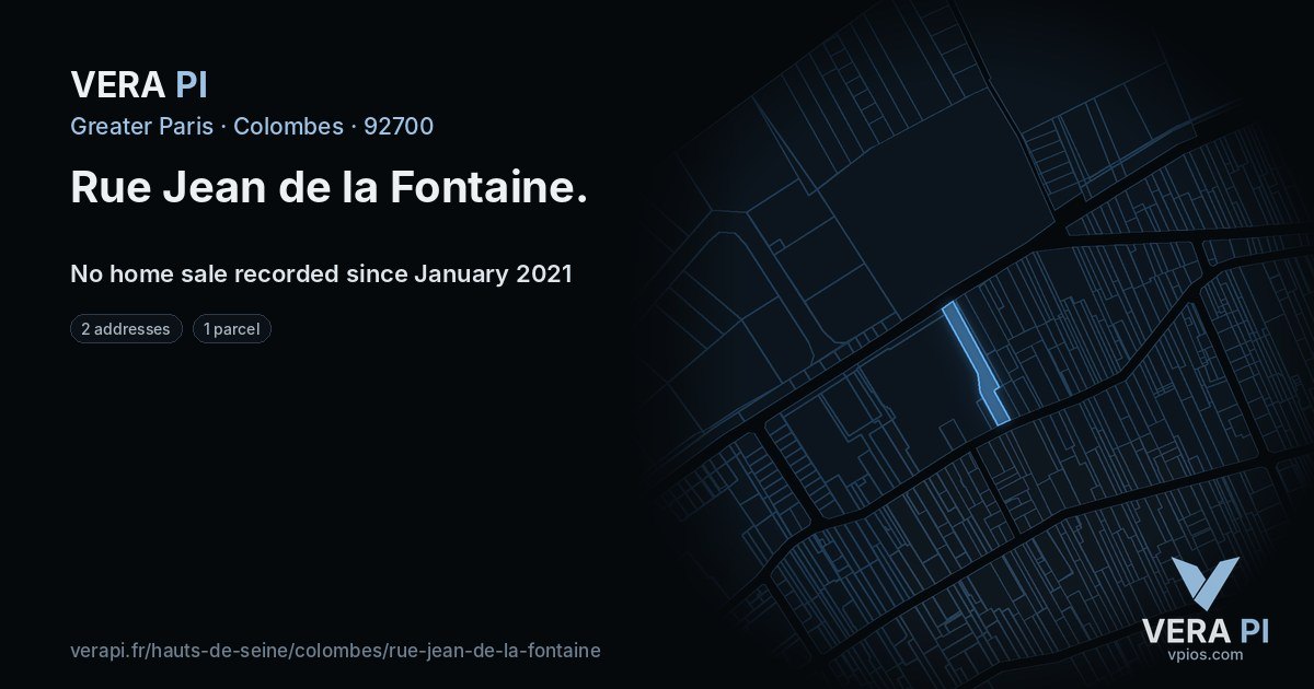 Rue Jean de la Fontaine, Colombes at night – every parcel coloured by the prices around it, the street's own parcels lit