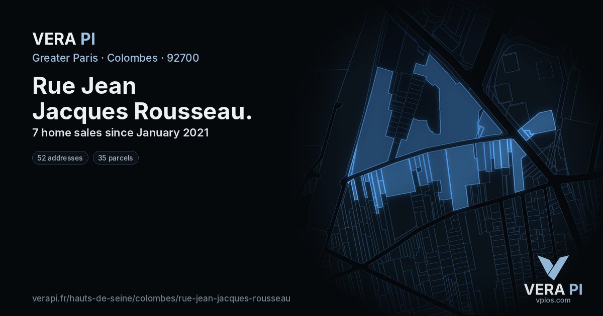 Rue Jean Jacques Rousseau, Colombes at night – every parcel coloured by the prices around it, the street's own parcels lit