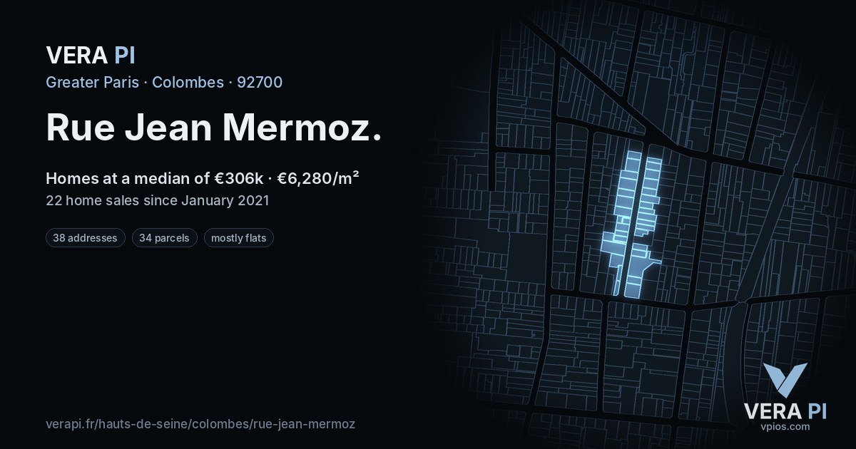 Rue Jean Mermoz, Colombes at night – every parcel coloured by the prices around it, the street's own parcels lit