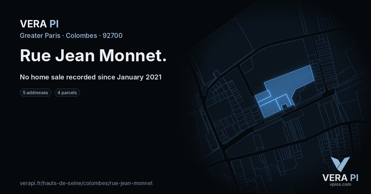 Rue Jean Monnet, Colombes at night – every parcel coloured by the prices around it, the street's own parcels lit