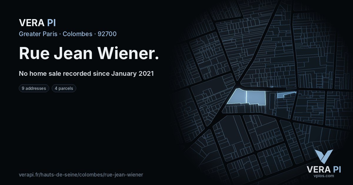Rue Jean Wiener, Colombes at night – every parcel coloured by the prices around it, the street's own parcels lit