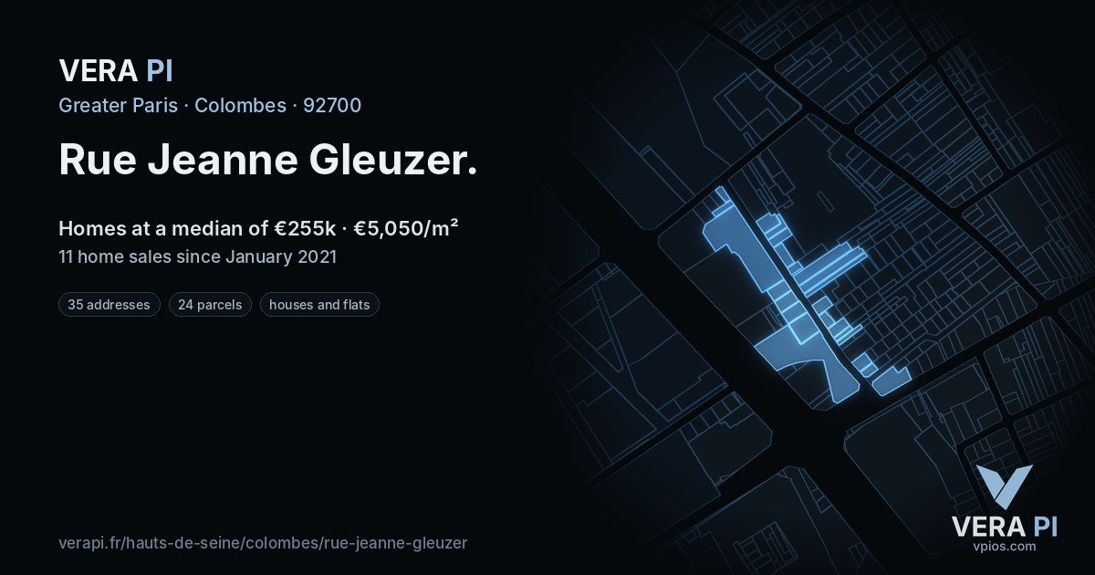 Rue Jeanne Gleuzer, Colombes at night – every parcel coloured by the prices around it, the street's own parcels lit