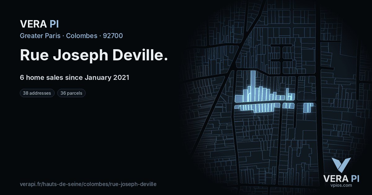 Rue Joseph Deville, Colombes at night – every parcel coloured by the prices around it, the street's own parcels lit