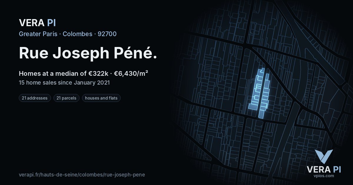 Rue Joseph Péné, Colombes at night – every parcel coloured by the prices around it, the street's own parcels lit
