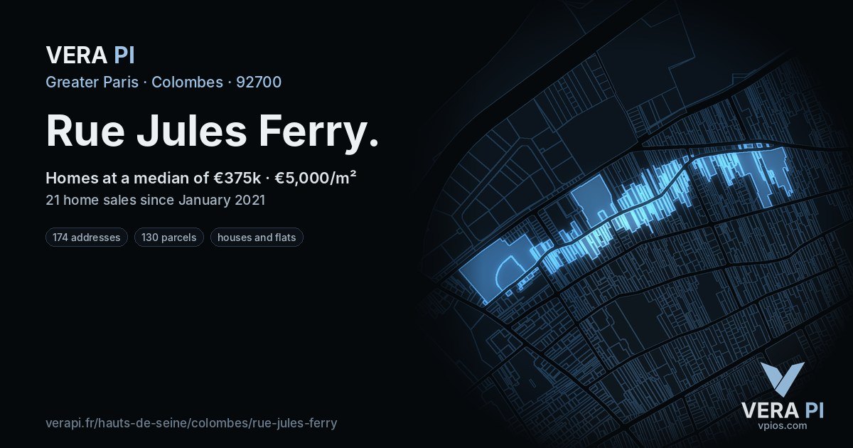 Rue Jules Ferry, Colombes at night – every parcel coloured by the prices around it, the street's own parcels lit
