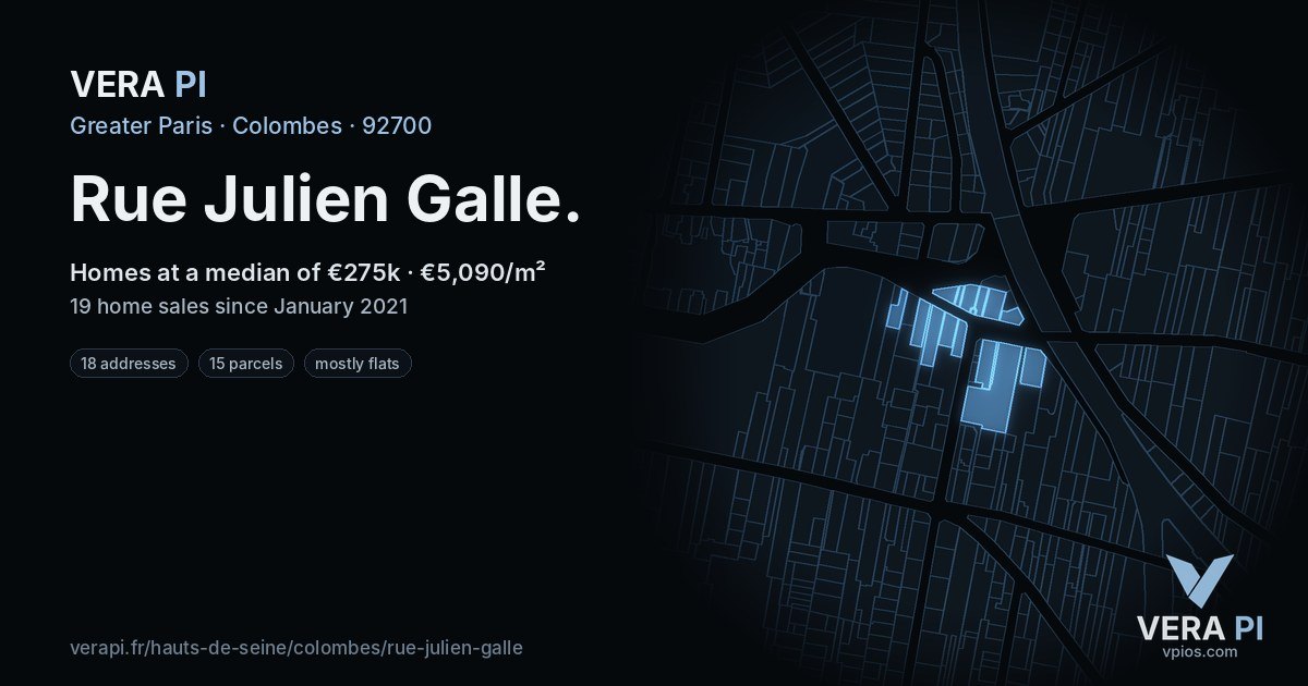 Rue Julien Galle, Colombes at night – every parcel coloured by the prices around it, the street's own parcels lit