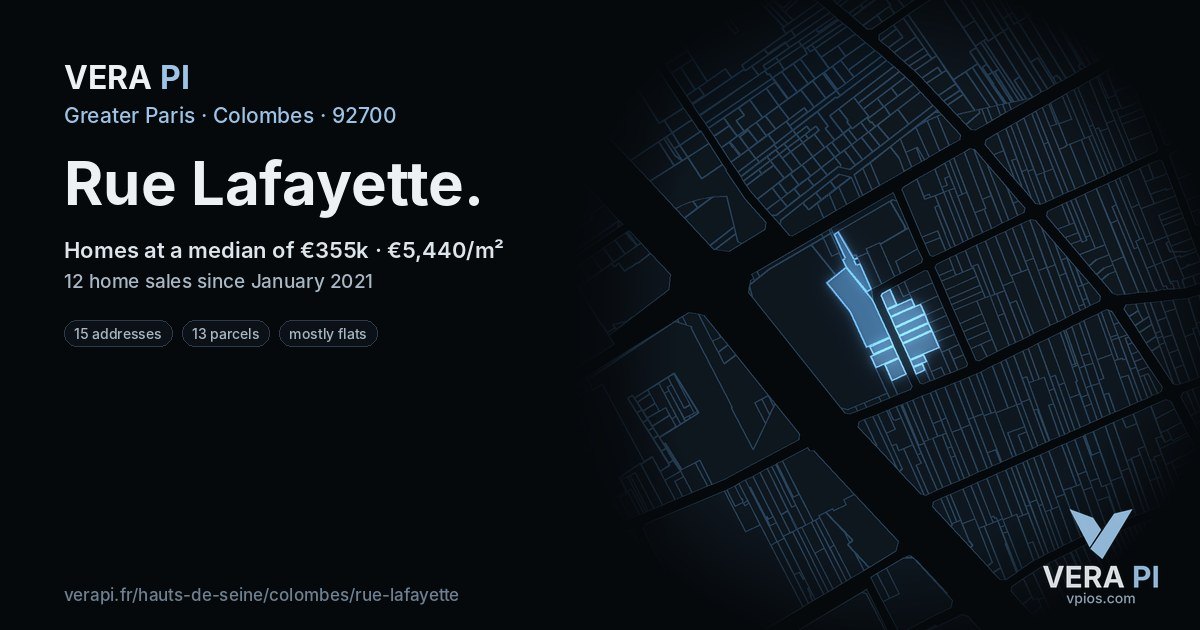 Rue Lafayette, Colombes at night – every parcel coloured by the prices around it, the street's own parcels lit