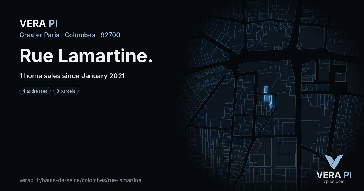 Rue Lamartine, Colombes at night – every parcel coloured by the prices around it, the street's own parcels lit