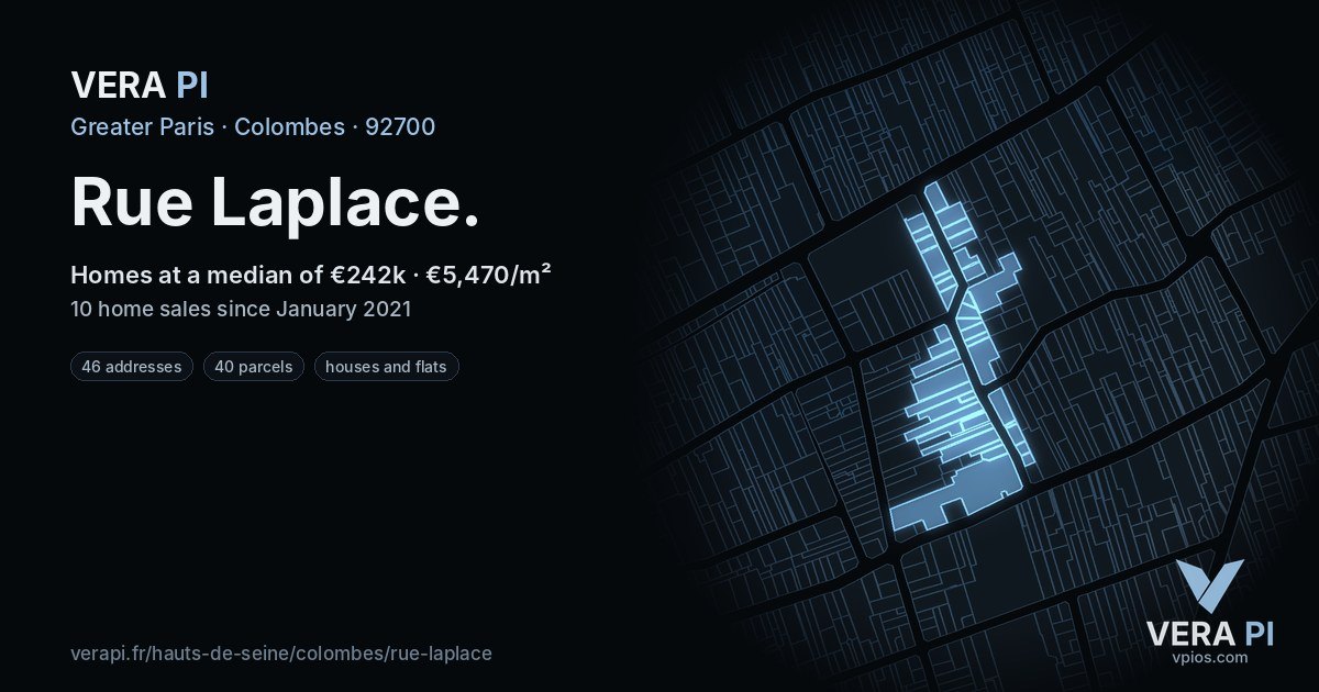 Rue Laplace, Colombes at night – every parcel coloured by the prices around it, the street's own parcels lit