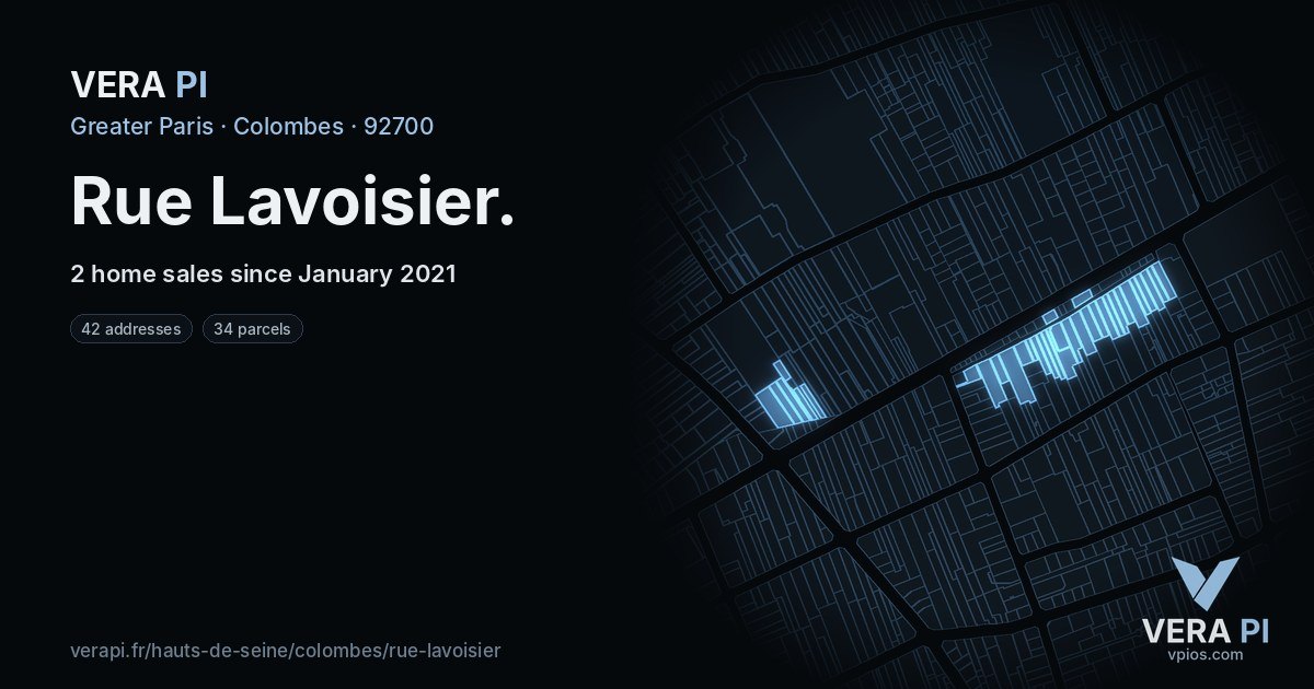 Rue Lavoisier, Colombes at night – every parcel coloured by the prices around it, the street's own parcels lit