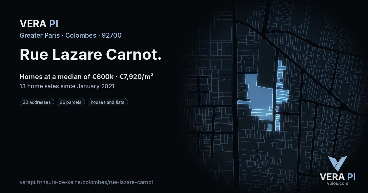 Rue Lazare Carnot, Colombes at night – every parcel coloured by the prices around it, the street's own parcels lit