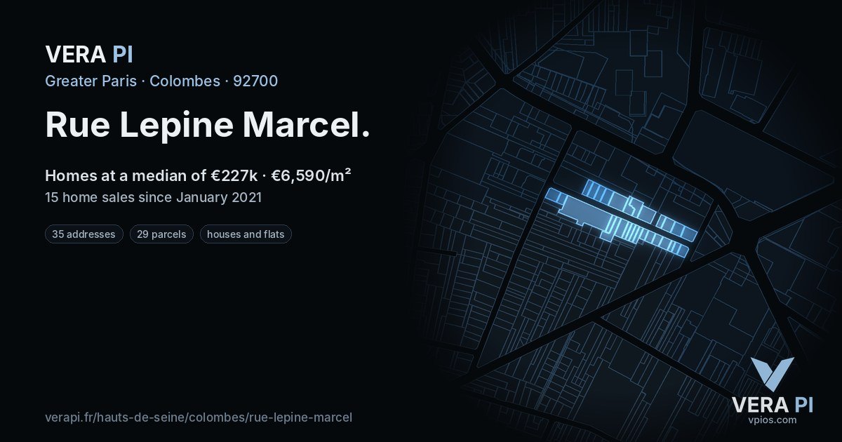 Rue Lepine Marcel, Colombes at night – every parcel coloured by the prices around it, the street's own parcels lit