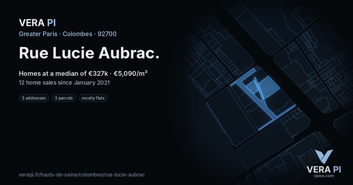 Rue Lucie Aubrac, Colombes at night – every parcel coloured by the prices around it, the street's own parcels lit