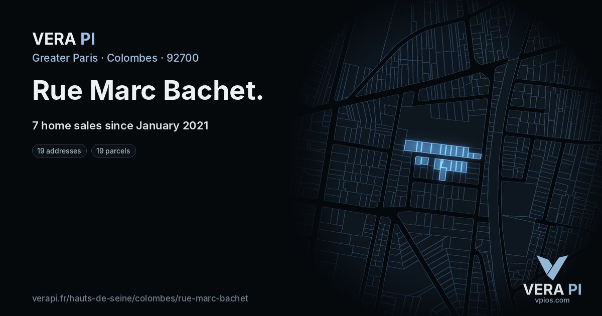 Rue Marc Bachet, Colombes at night – every parcel coloured by the prices around it, the street's own parcels lit