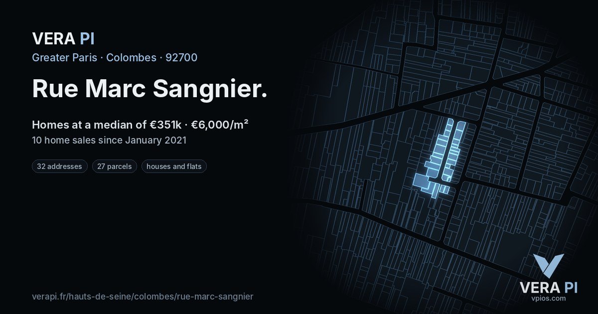 Rue Marc Sangnier, Colombes at night – every parcel coloured by the prices around it, the street's own parcels lit