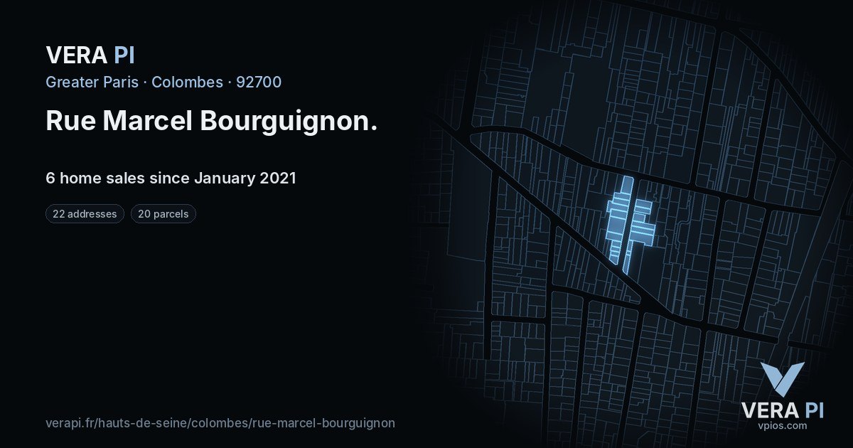 Rue Marcel Bourguignon, Colombes at night – every parcel coloured by the prices around it, the street's own parcels lit
