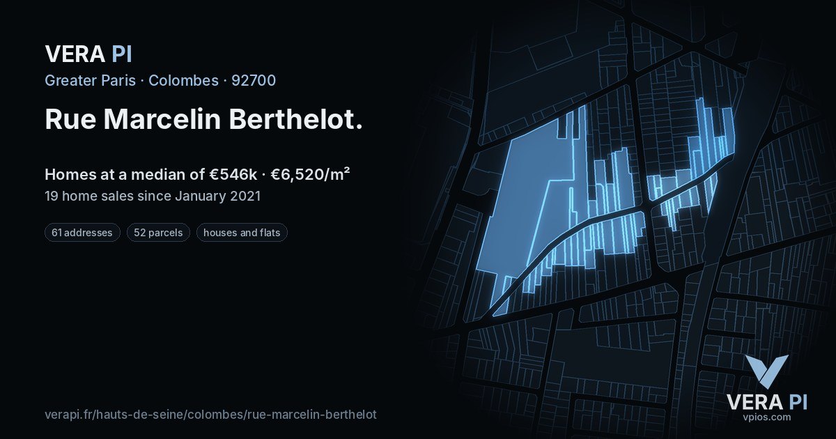 Rue Marcelin Berthelot, Colombes at night – every parcel coloured by the prices around it, the street's own parcels lit