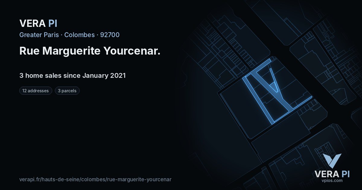 Rue Marguerite Yourcenar, Colombes at night – every parcel coloured by the prices around it, the street's own parcels lit