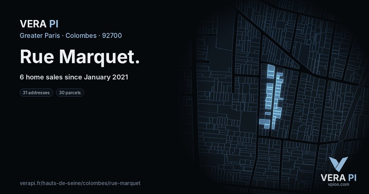 Rue Marquet, Colombes at night – every parcel coloured by the prices around it, the street's own parcels lit