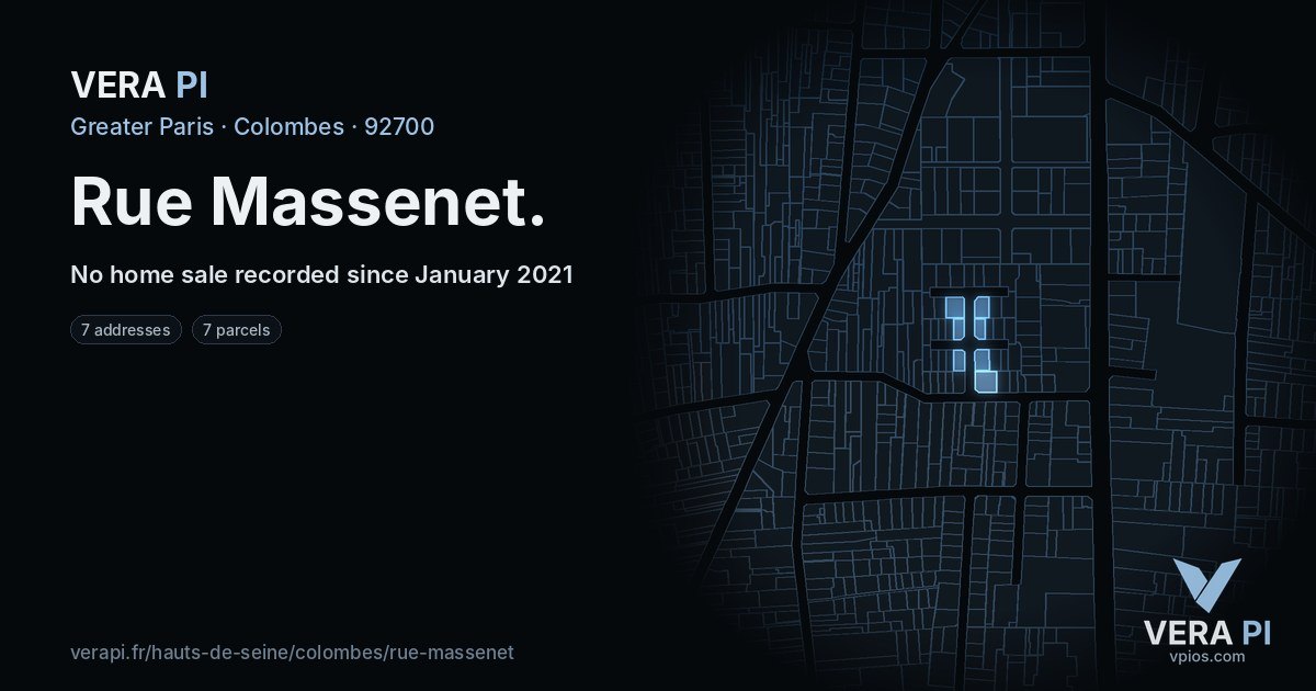 Rue Massenet, Colombes at night – every parcel coloured by the prices around it, the street's own parcels lit