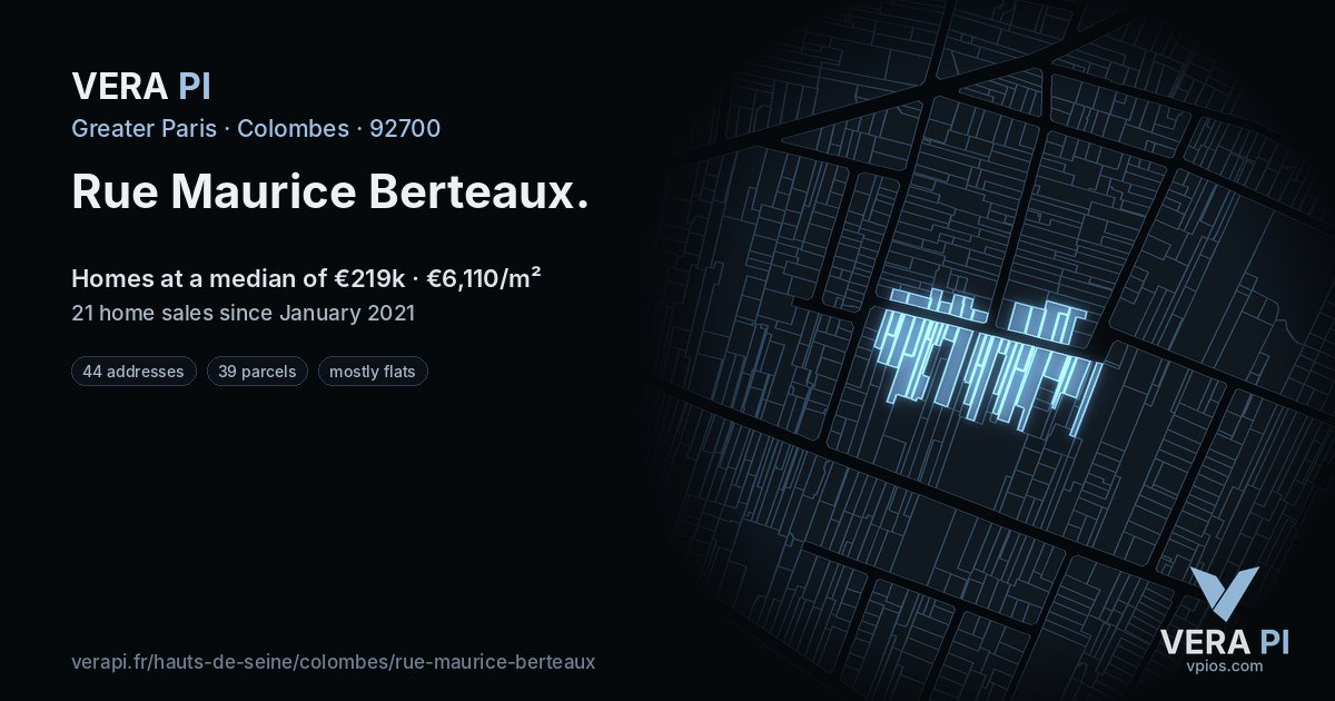 Rue Maurice Berteaux, Colombes at night – every parcel coloured by the prices around it, the street's own parcels lit