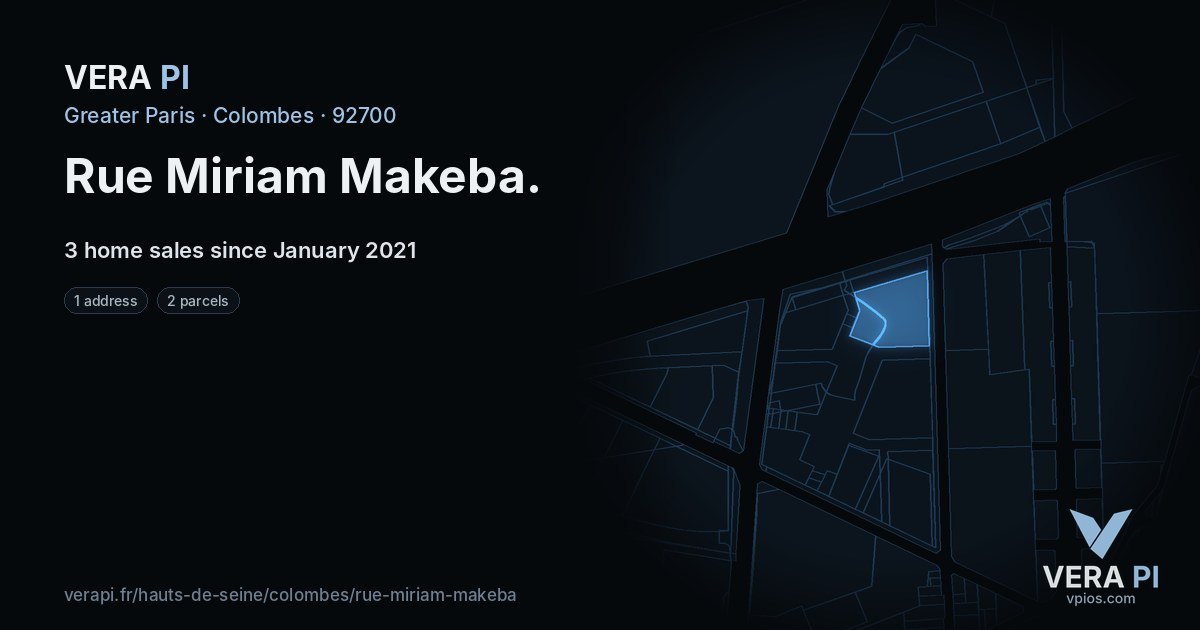 Rue Miriam Makeba, Colombes at night – every parcel coloured by the prices around it, the street's own parcels lit