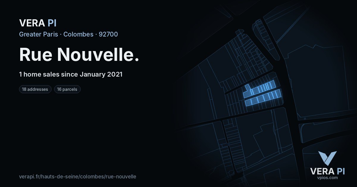 Rue Nouvelle, Colombes at night – every parcel coloured by the prices around it, the street's own parcels lit