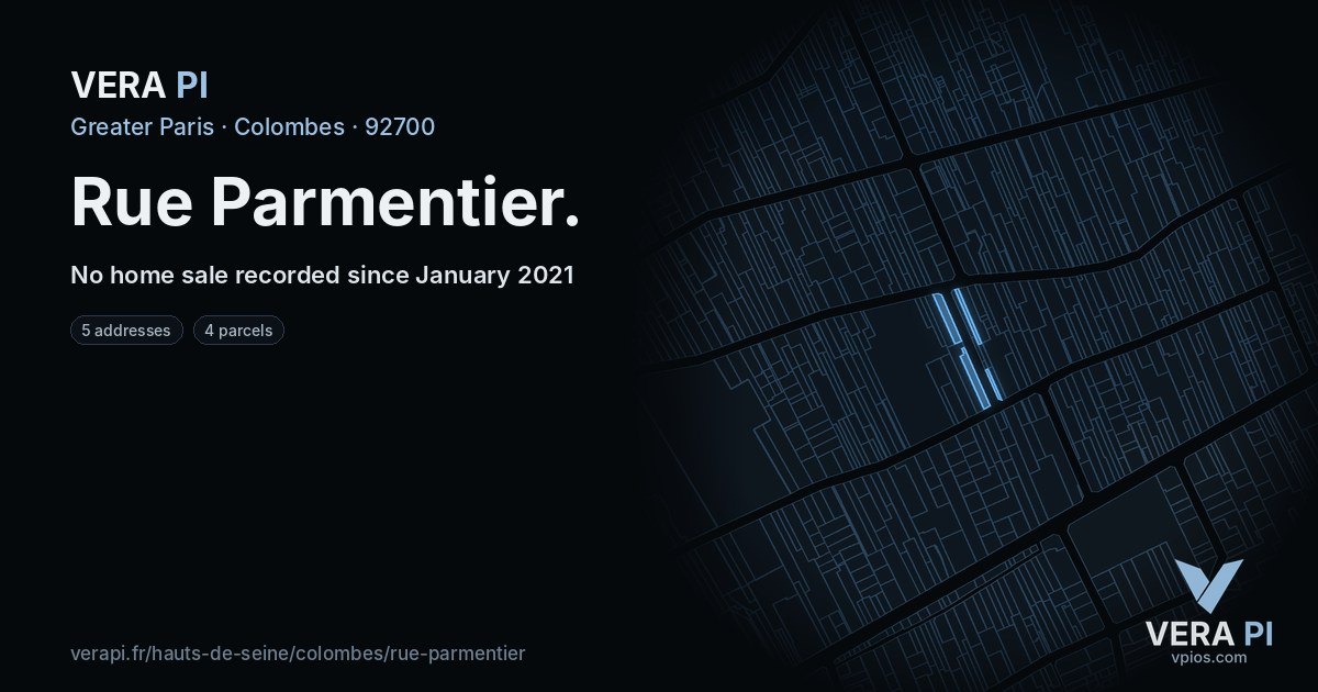 Rue Parmentier, Colombes at night – every parcel coloured by the prices around it, the street's own parcels lit