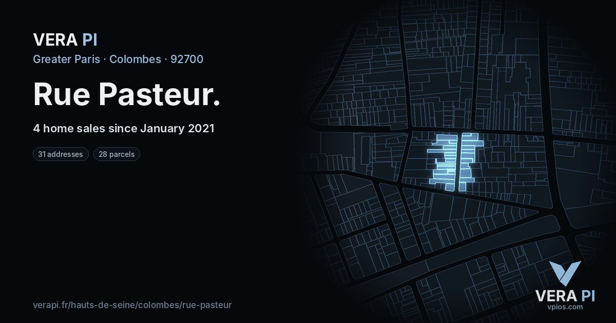 Rue Pasteur, Colombes at night – every parcel coloured by the prices around it, the street's own parcels lit