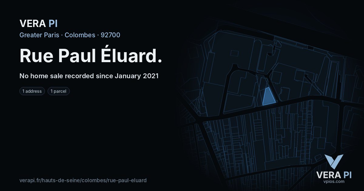 Rue Paul Éluard, Colombes at night – every parcel coloured by the prices around it, the street's own parcels lit