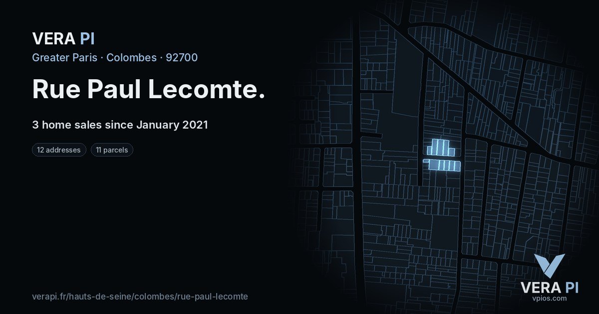 Rue Paul Lecomte, Colombes at night – every parcel coloured by the prices around it, the street's own parcels lit