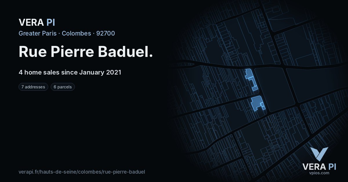 Rue Pierre Baduel, Colombes at night – every parcel coloured by the prices around it, the street's own parcels lit