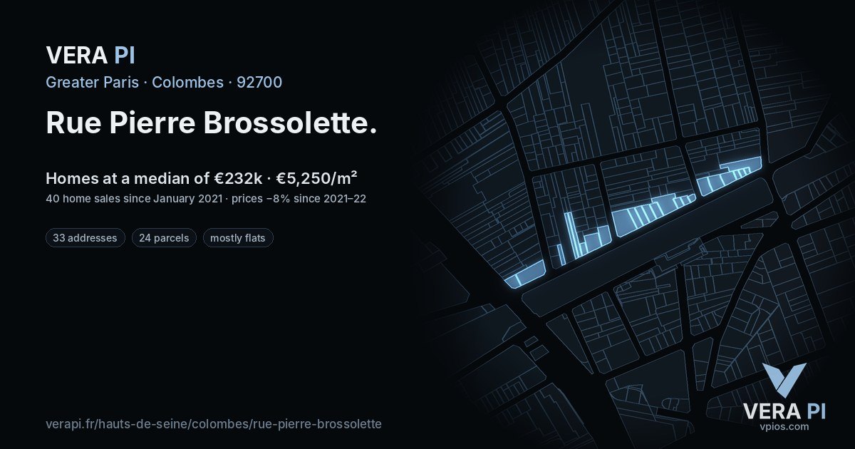 Rue Pierre Brossolette, Colombes at night – every parcel coloured by the prices around it, the street's own parcels lit