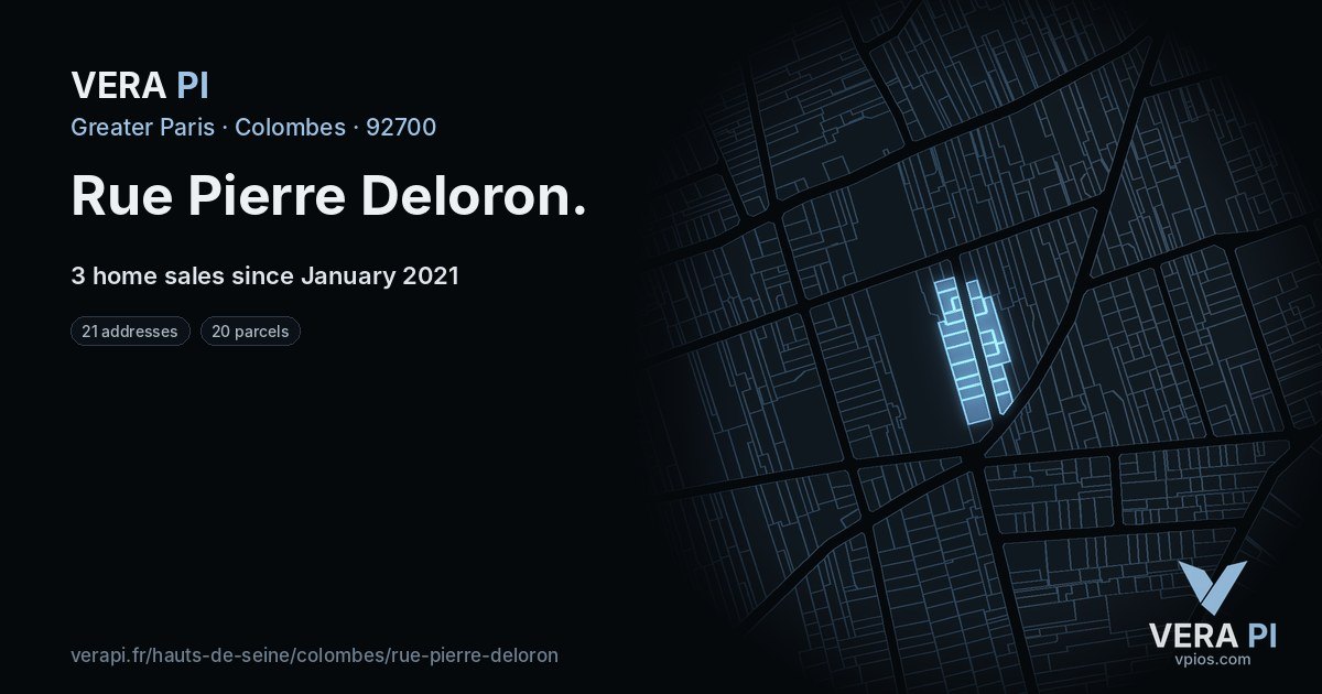Rue Pierre Deloron, Colombes at night – every parcel coloured by the prices around it, the street's own parcels lit