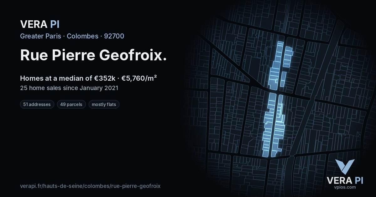 Rue Pierre Geofroix, Colombes at night – every parcel coloured by the prices around it, the street's own parcels lit