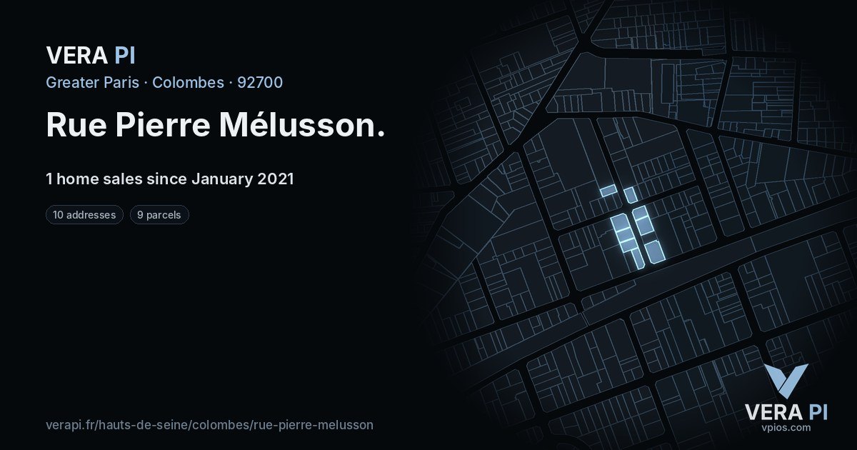 Rue Pierre Mélusson, Colombes at night – every parcel coloured by the prices around it, the street's own parcels lit