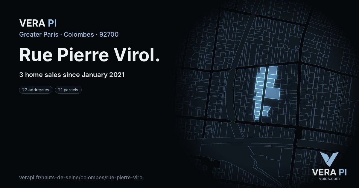 Rue Pierre Virol, Colombes at night – every parcel coloured by the prices around it, the street's own parcels lit