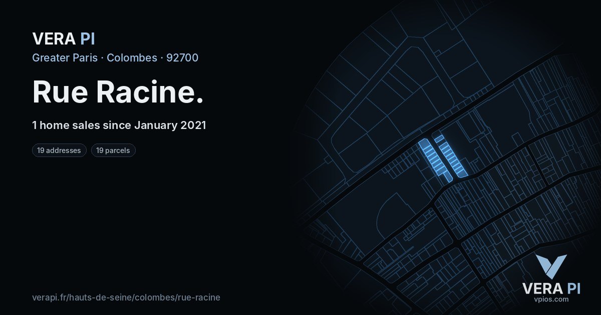 Rue Racine, Colombes at night – every parcel coloured by the prices around it, the street's own parcels lit