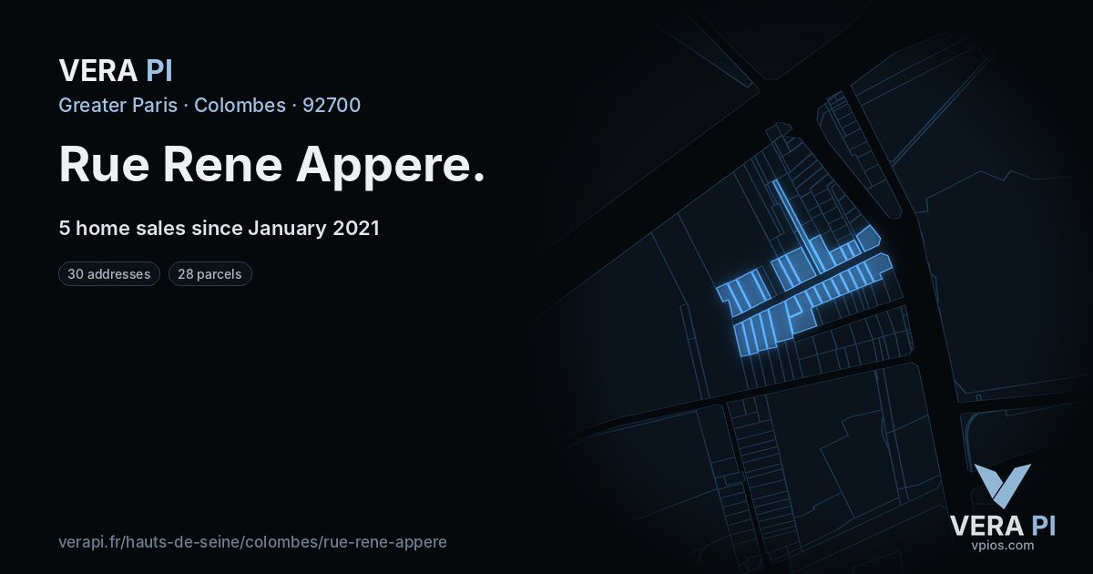 Rue Rene Appere, Colombes at night – every parcel coloured by the prices around it, the street's own parcels lit