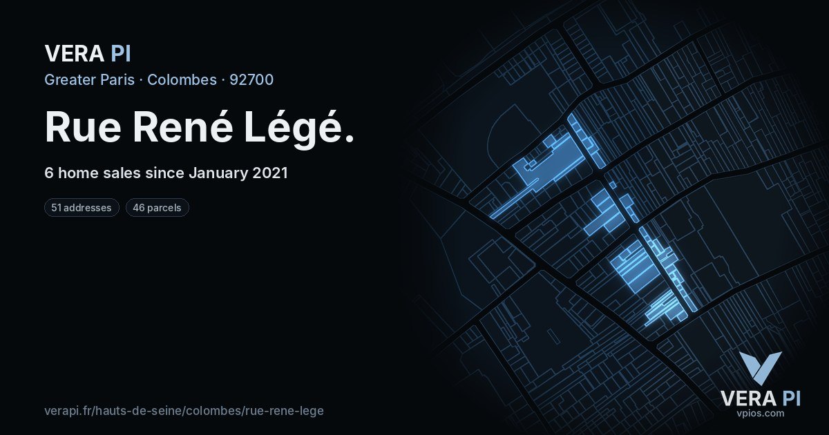 Rue René Légé, Colombes at night – every parcel coloured by the prices around it, the street's own parcels lit