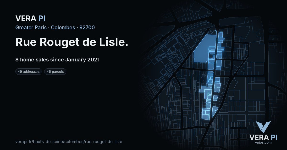 Rue Rouget de Lisle, Colombes at night – every parcel coloured by the prices around it, the street's own parcels lit