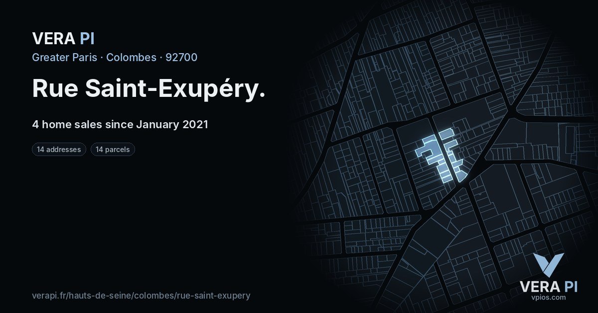 Rue Saint-Exupéry, Colombes at night – every parcel coloured by the prices around it, the street's own parcels lit