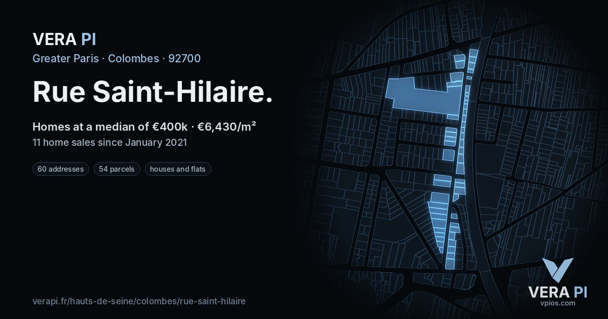 Rue Saint-Hilaire, Colombes at night – every parcel coloured by the prices around it, the street's own parcels lit